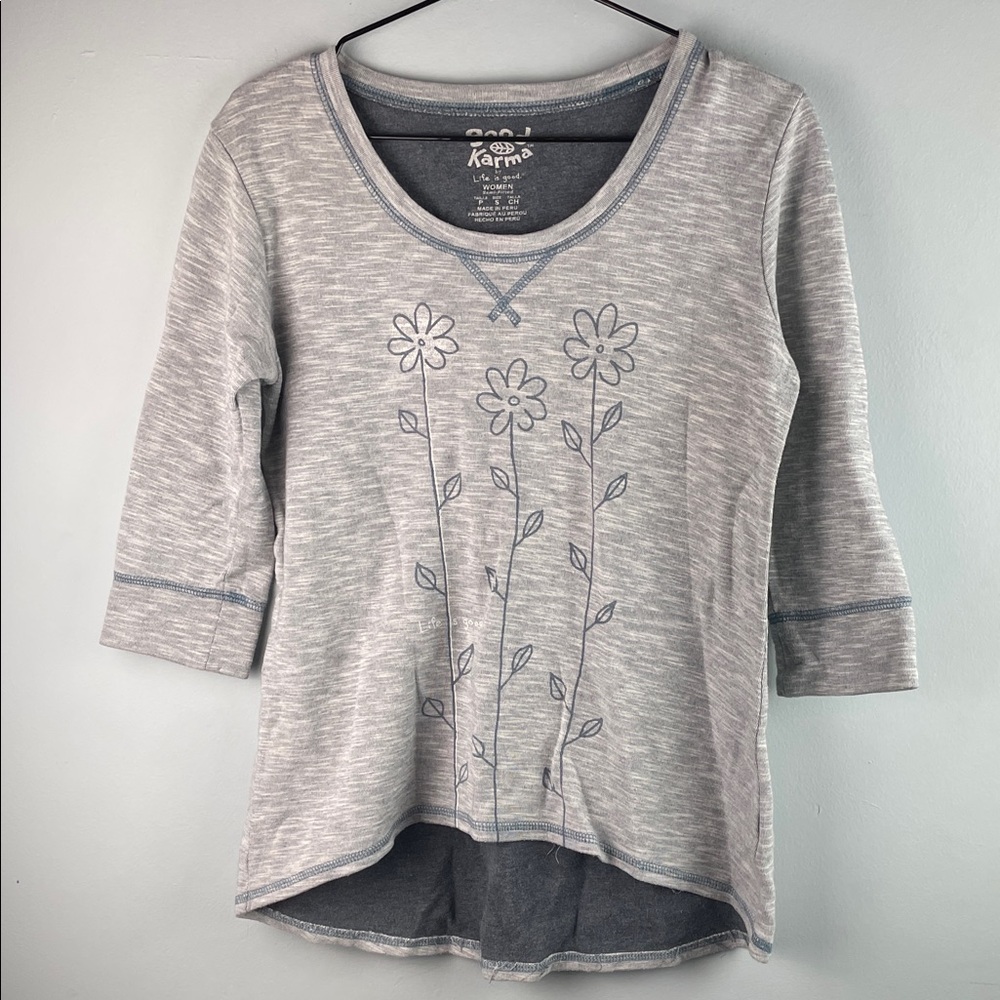 Good Karma Heather Gray Floral Scoop-Neck 3/4 Sleeve Tee Size S